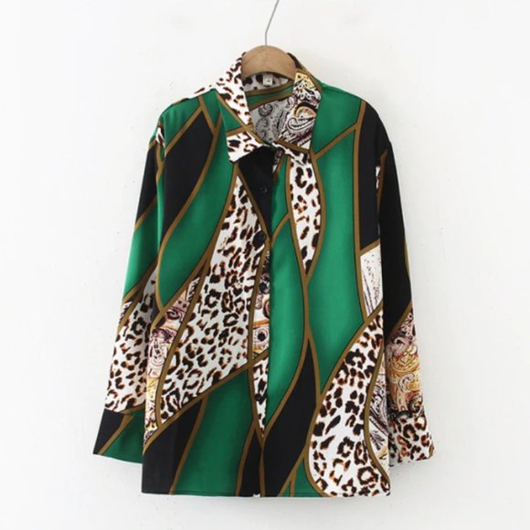 Fashion Leopard Contrast Long Sleeve Shirt Blouse Top - Picture 3 of 15